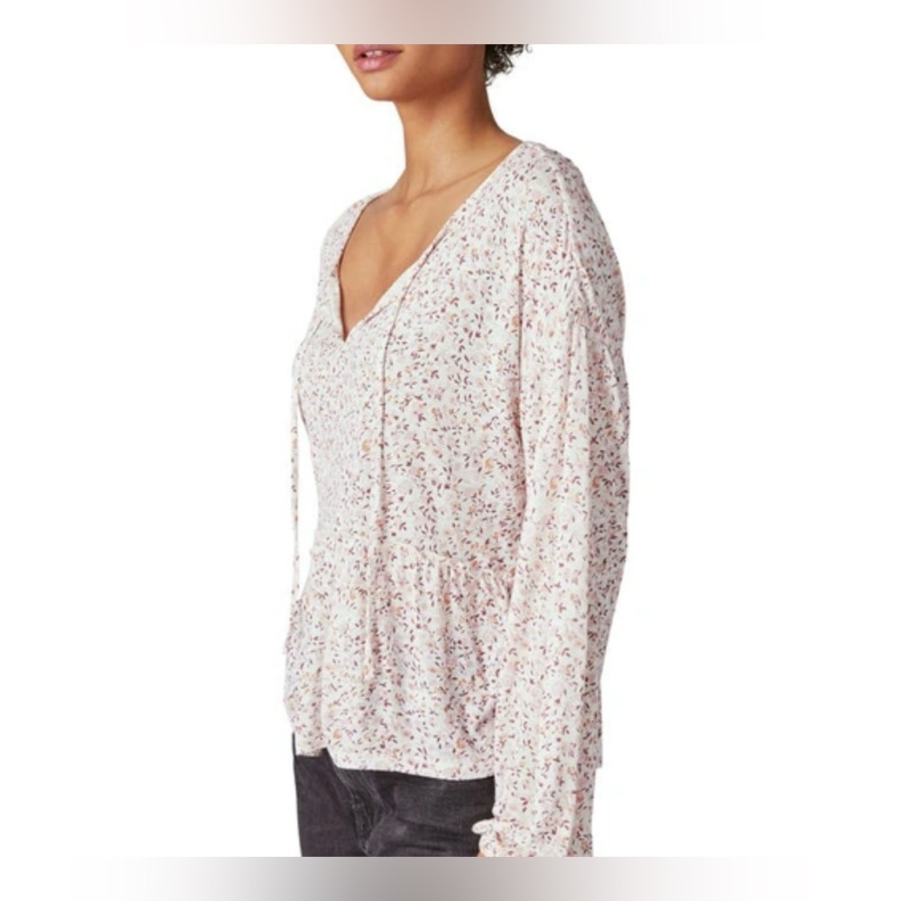 Lucky Brand Ditsy Long Sleeve Peplum Top Cream Multicolored